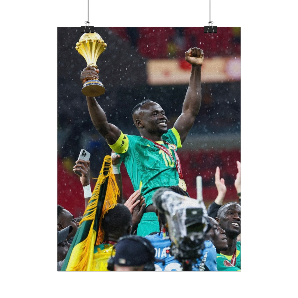 Sadio Mané Senegal AFCON winners Rolled Poster — Soccer Champion Lifting Trophy Celebration Print