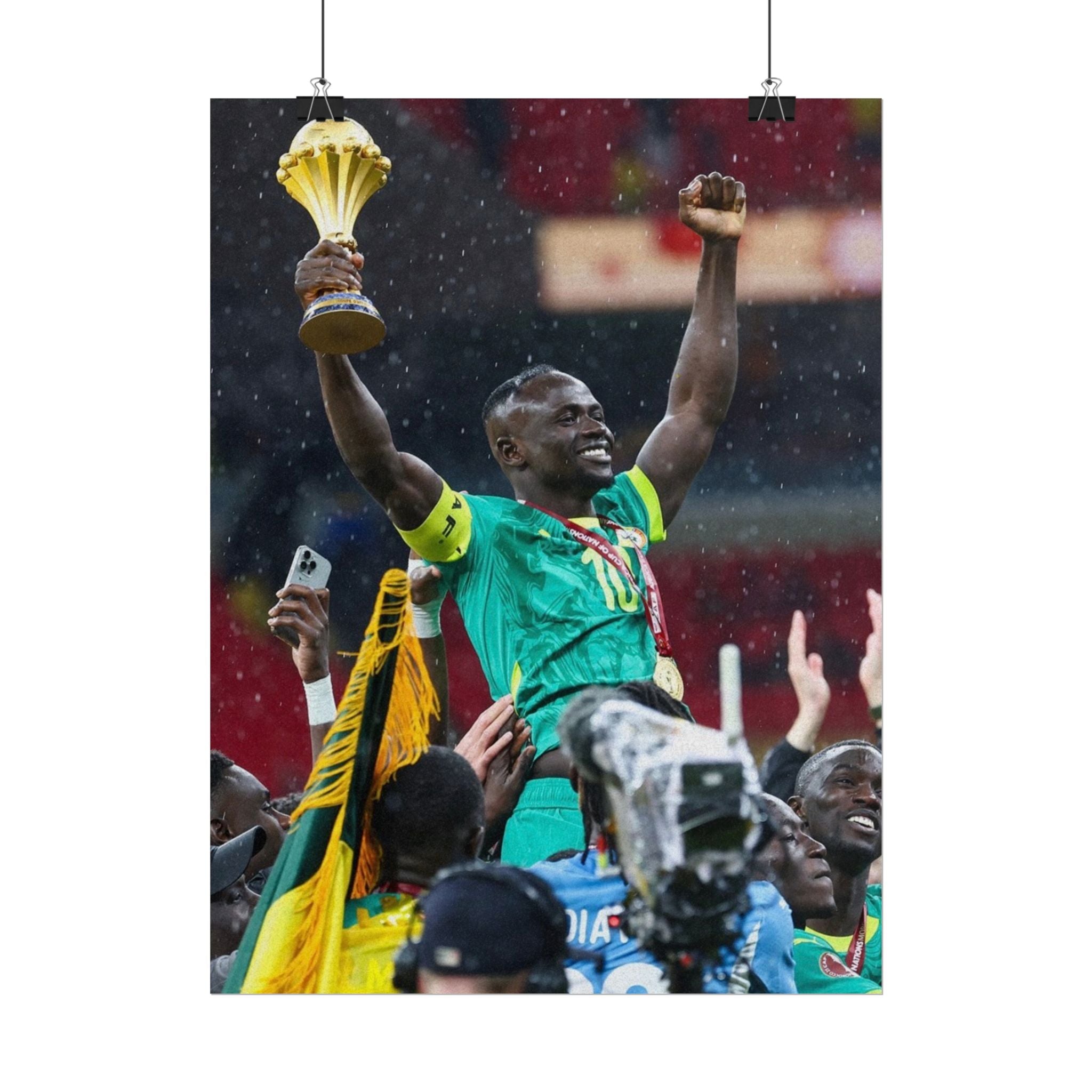 Sadio Mané Senegal AFCON winners Rolled Poster — Soccer Champion Lifting Trophy Celebration Print