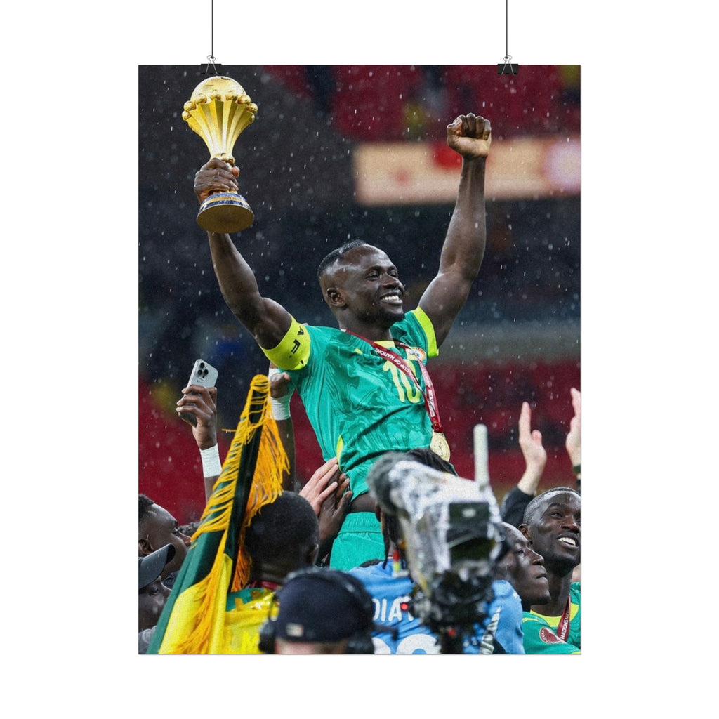 Sadio Mané Senegal AFCON winners Rolled Poster — Soccer Champion Lifting Trophy Celebration Print