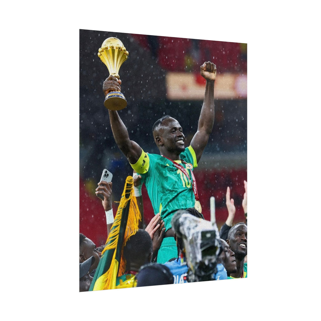 Sadio Mané Senegal AFCON winners Rolled Poster — Soccer Champion Lifting Trophy Celebration Print