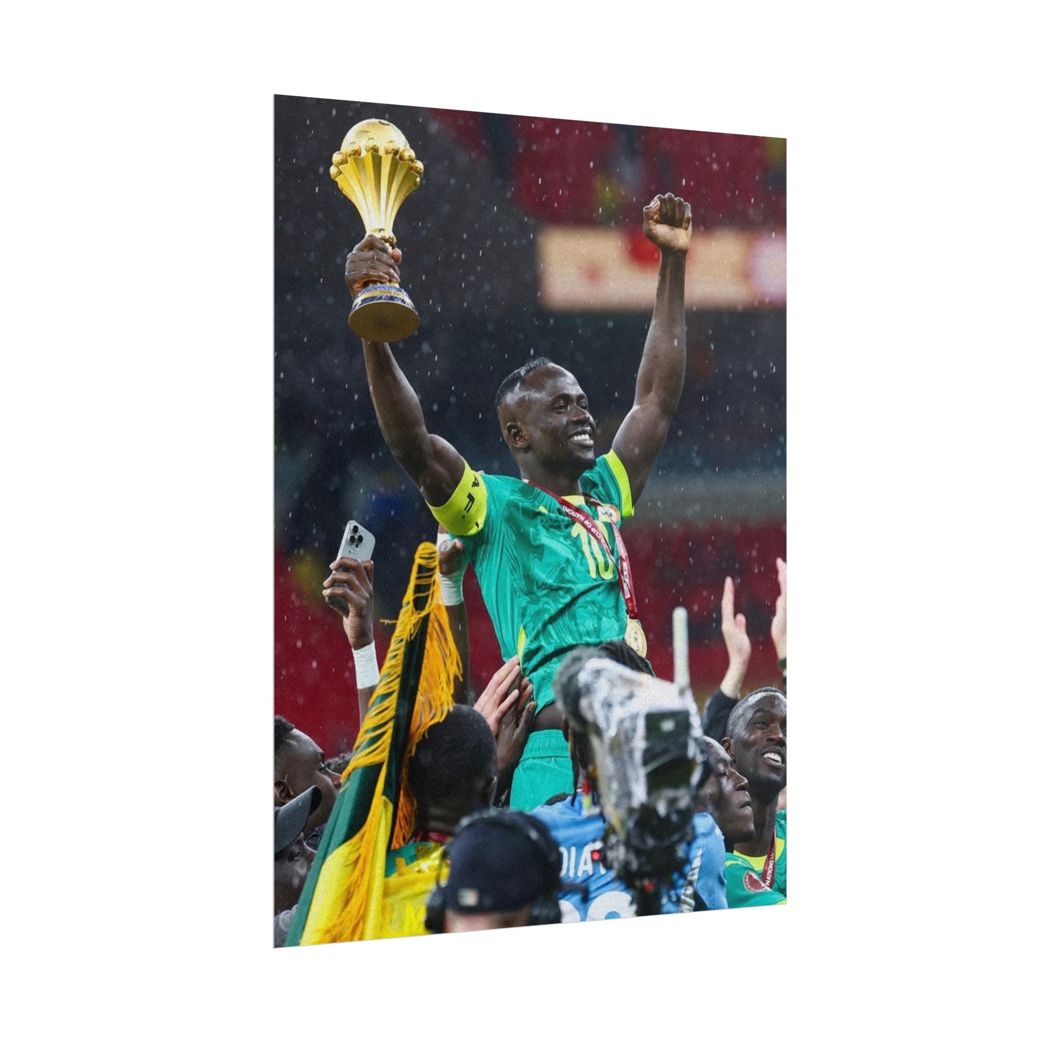 Sadio Mané Senegal AFCON winners Rolled Poster — Soccer Champion Lifting Trophy Celebration Print