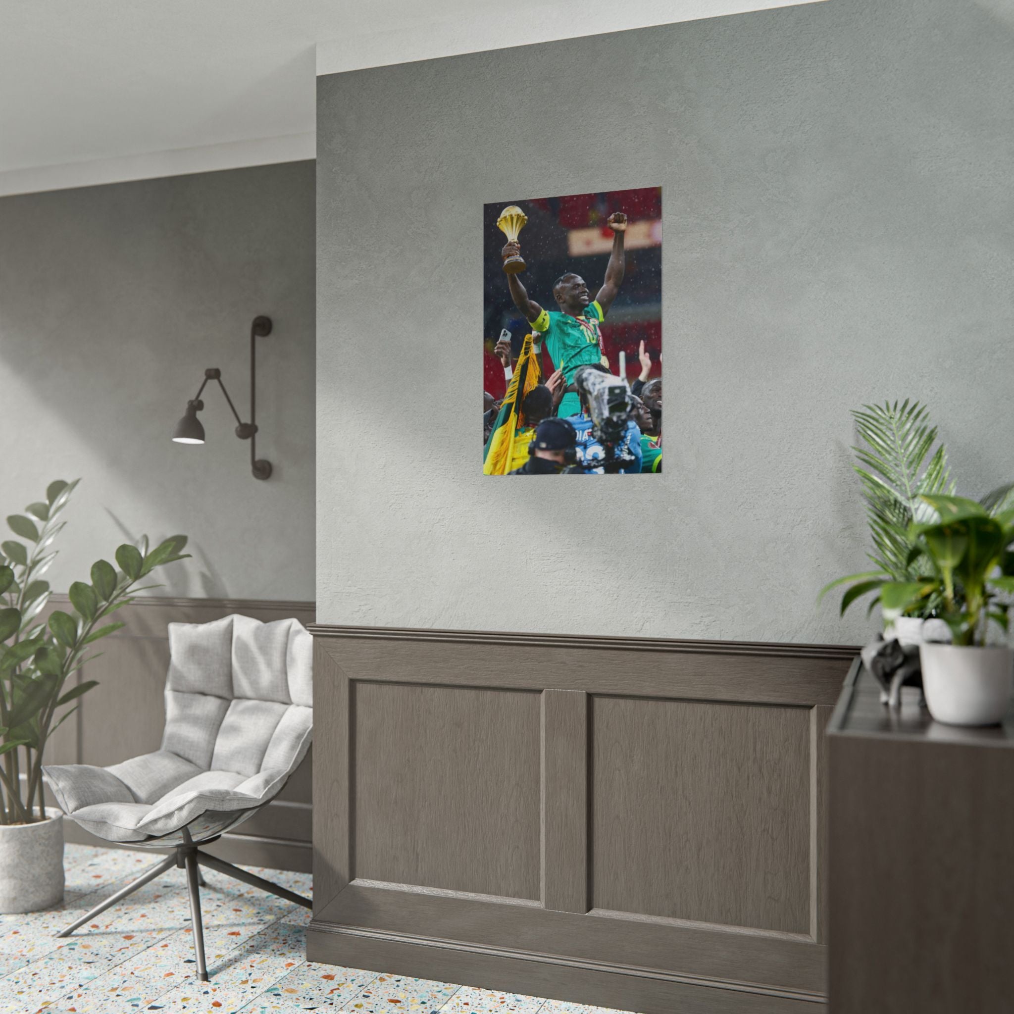 Sadio Mané Senegal AFCON winners Rolled Poster — Soccer Champion Lifting Trophy Celebration Print
