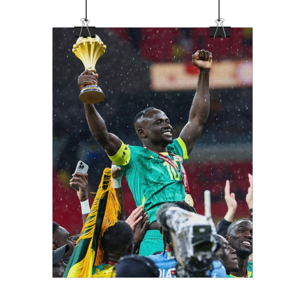 Sadio Mané Senegal AFCON winners Rolled Poster — Soccer Champion Lifting Trophy Celebration Print