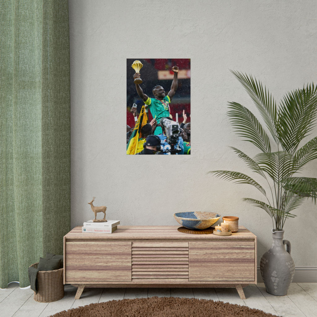 Sadio Mané Senegal AFCON winners Rolled Poster — Soccer Champion Lifting Trophy Celebration Print