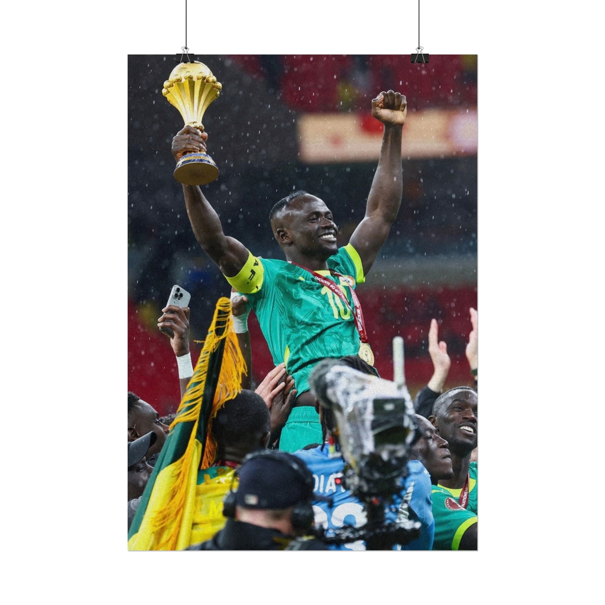 Sadio Mané Senegal AFCON winners Rolled Poster — Soccer Champion Lifting Trophy Celebration Print