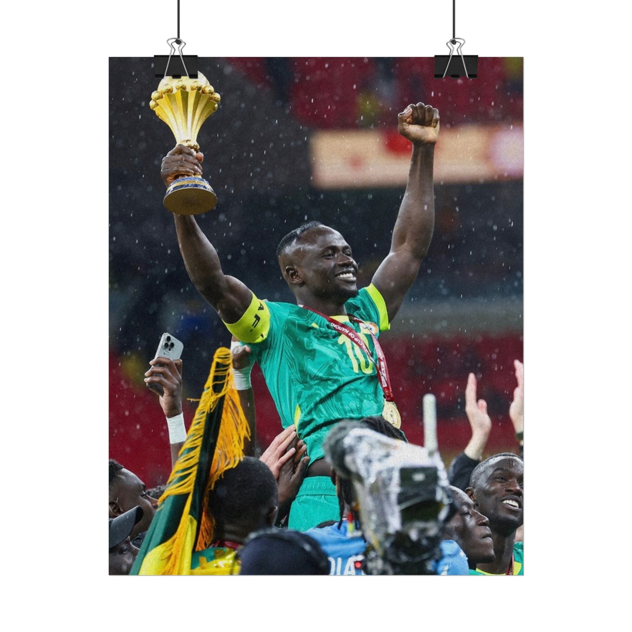 Sadio Mané Senegal AFCON winners Rolled Poster — Soccer Champion Lifting Trophy Celebration Print