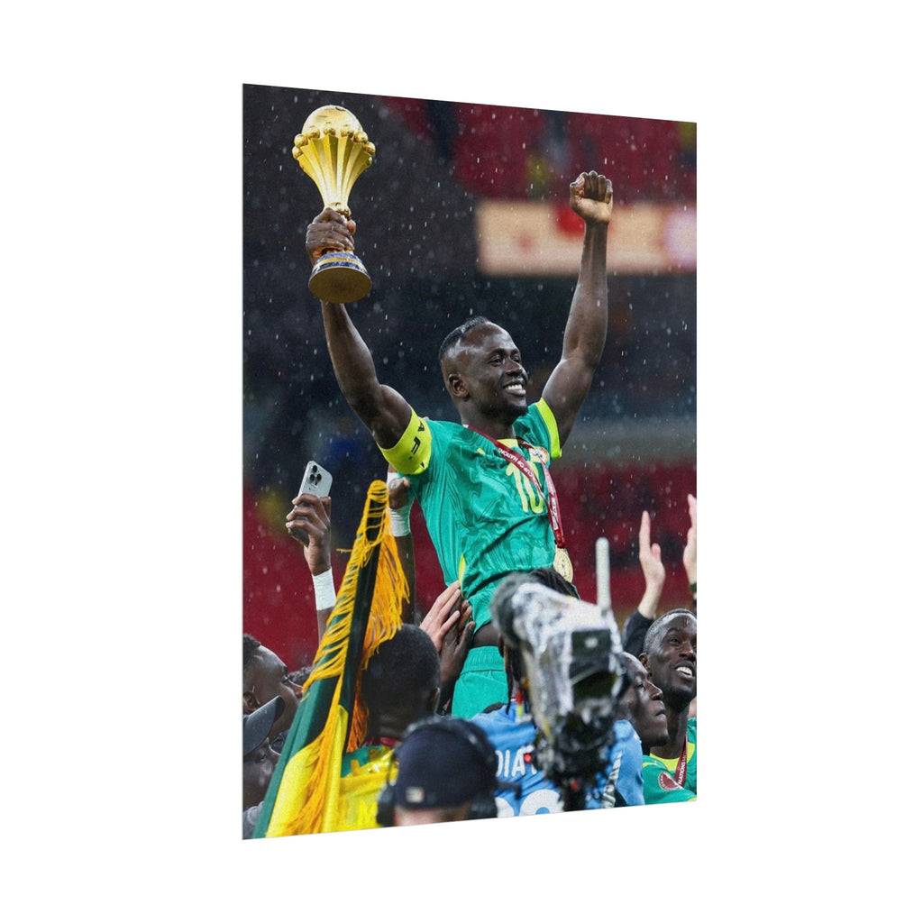 Sadio Mané Senegal AFCON winners Rolled Poster — Soccer Champion Lifting Trophy Celebration Print