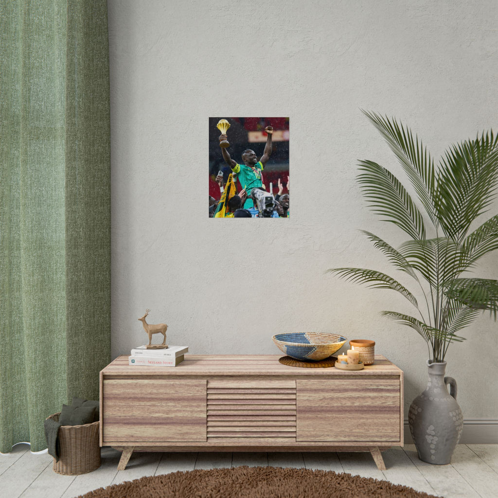 Sadio Mané Senegal AFCON winners Rolled Poster — Soccer Champion Lifting Trophy Celebration Print