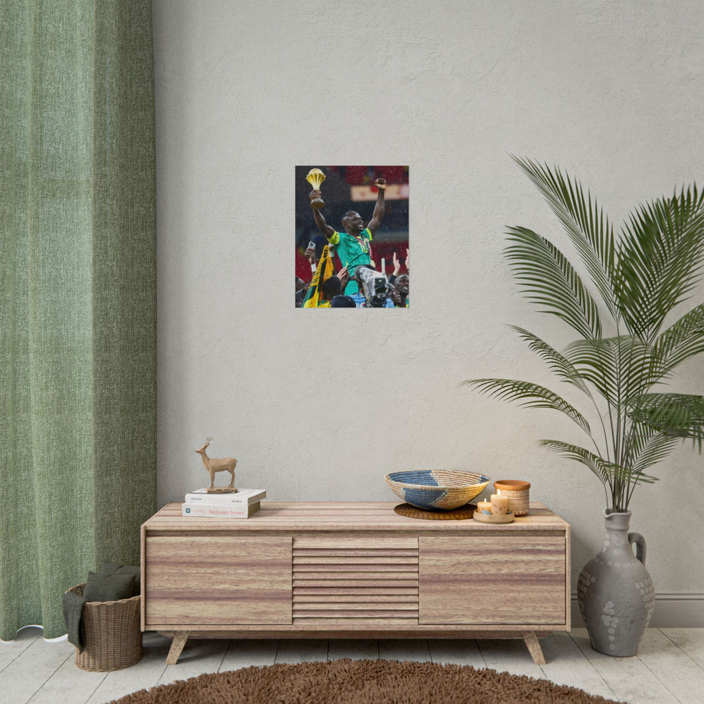 Sadio Mané Senegal AFCON winners Rolled Poster — Soccer Champion Lifting Trophy Celebration Print