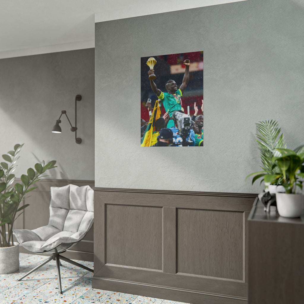 Sadio Mané Senegal AFCON winners Rolled Poster — Soccer Champion Lifting Trophy Celebration Print