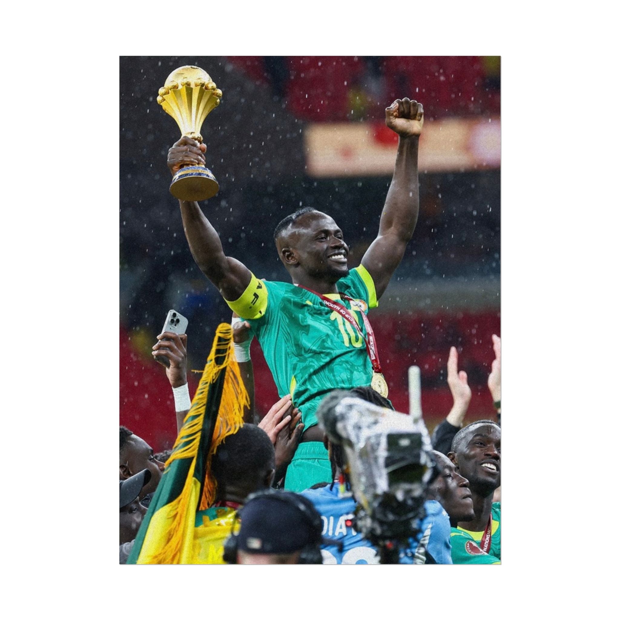 Sadio Mané Senegal AFCON winners Rolled Poster — Soccer Champion Lifting Trophy Celebration Print