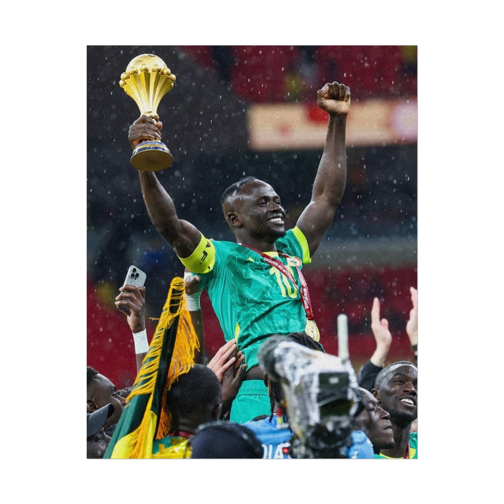 Sadio Mané Senegal AFCON winners Rolled Poster — Soccer Champion Lifting Trophy Celebration Print