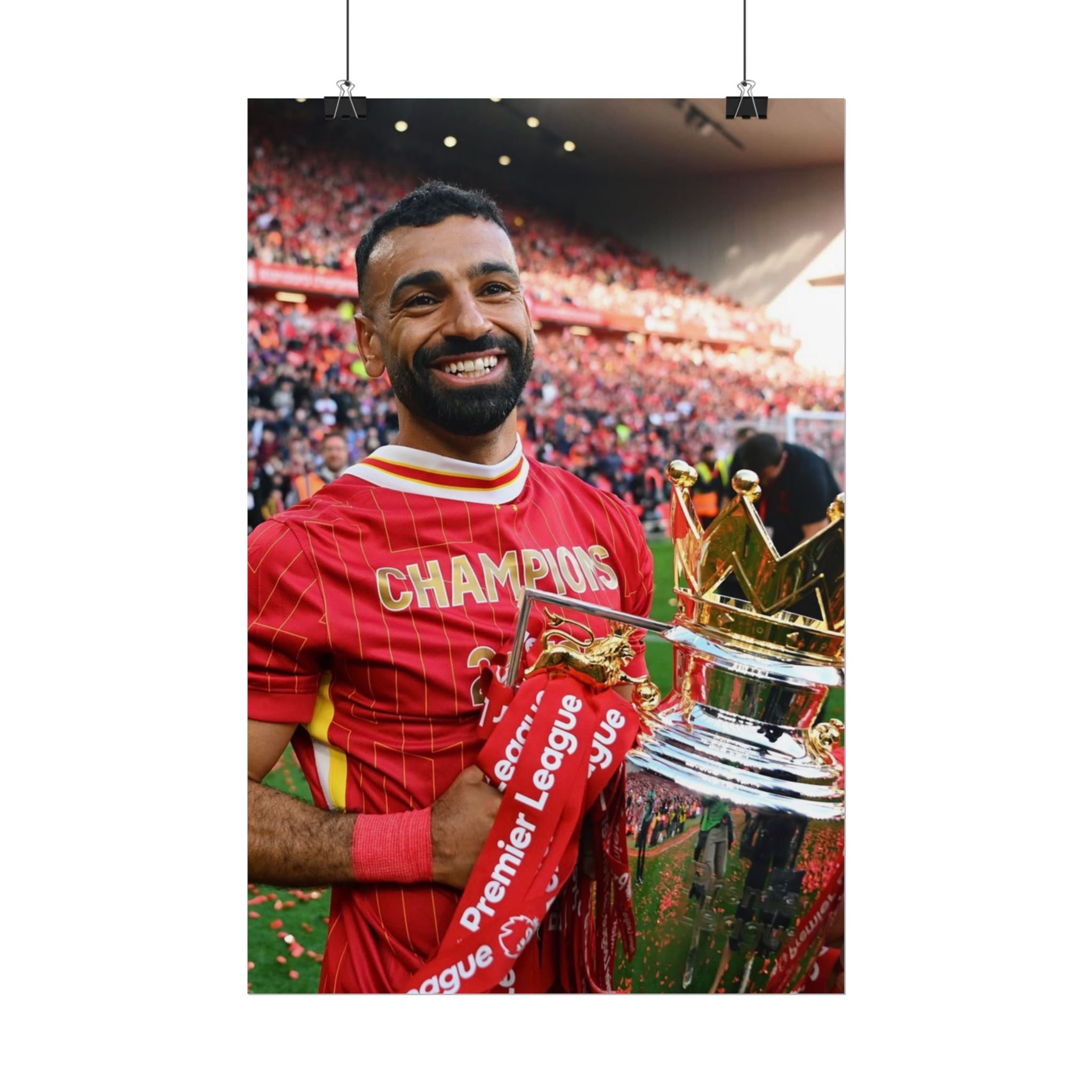 Mo Salah Premier League Soccer Champion Rolled Poster — Trophy Celebration Stadium Print