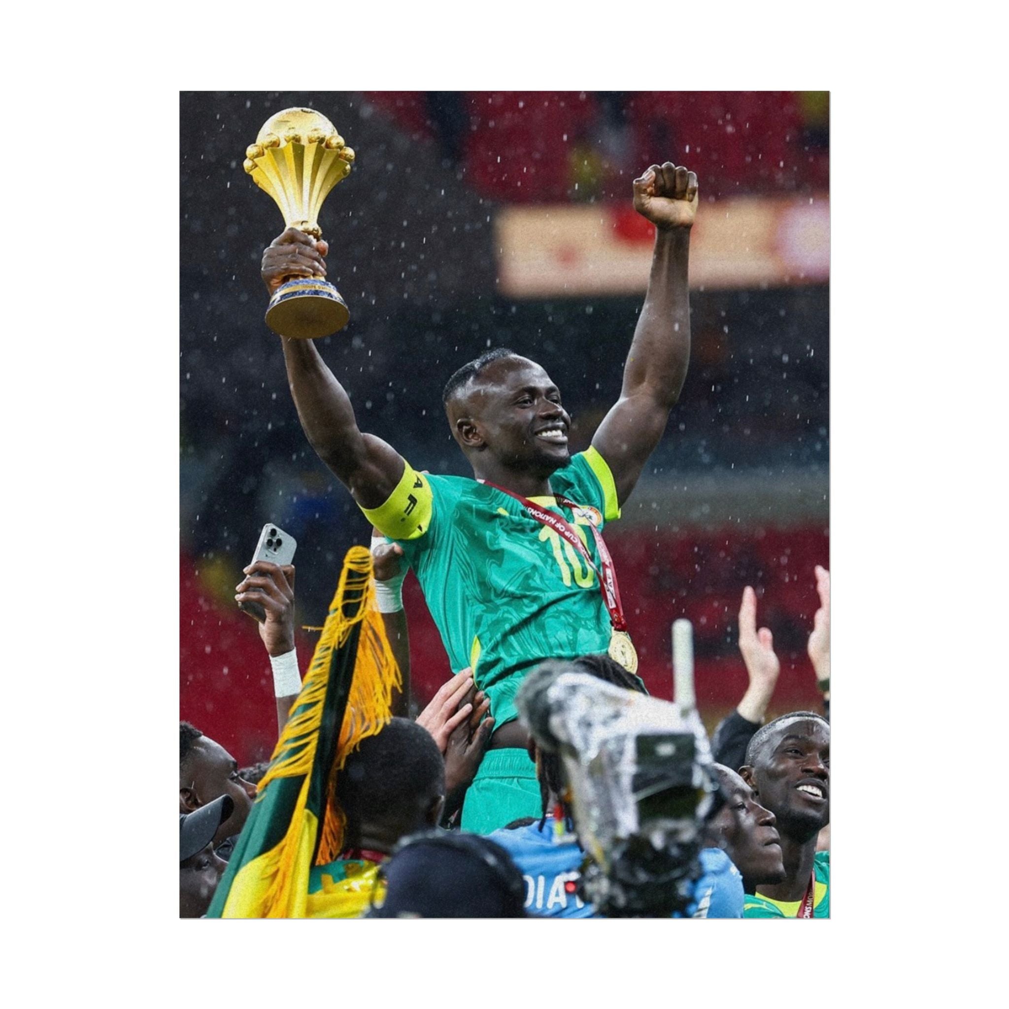 Sadio Mané Senegal AFCON winners Rolled Poster — Soccer Champion Lifting Trophy Celebration Print
