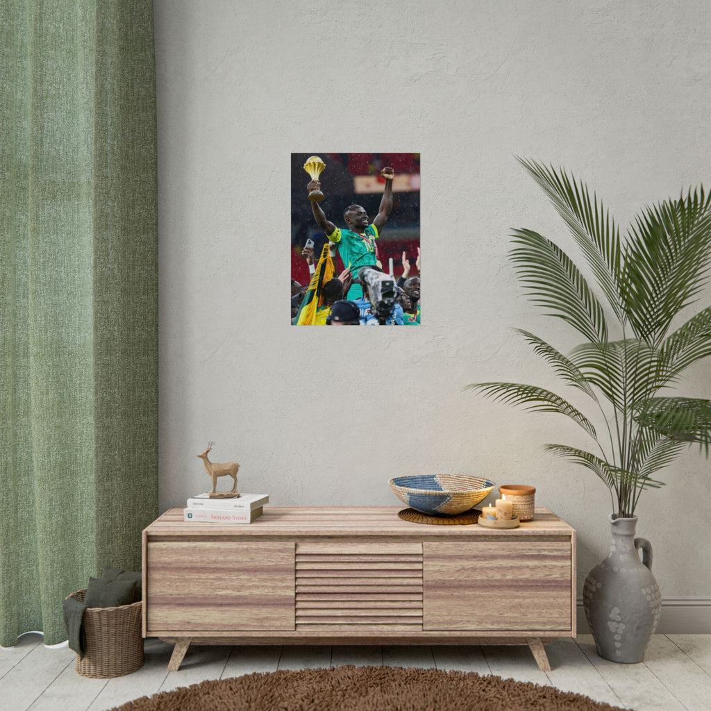 Sadio Mané Senegal AFCON winners Rolled Poster — Soccer Champion Lifting Trophy Celebration Print