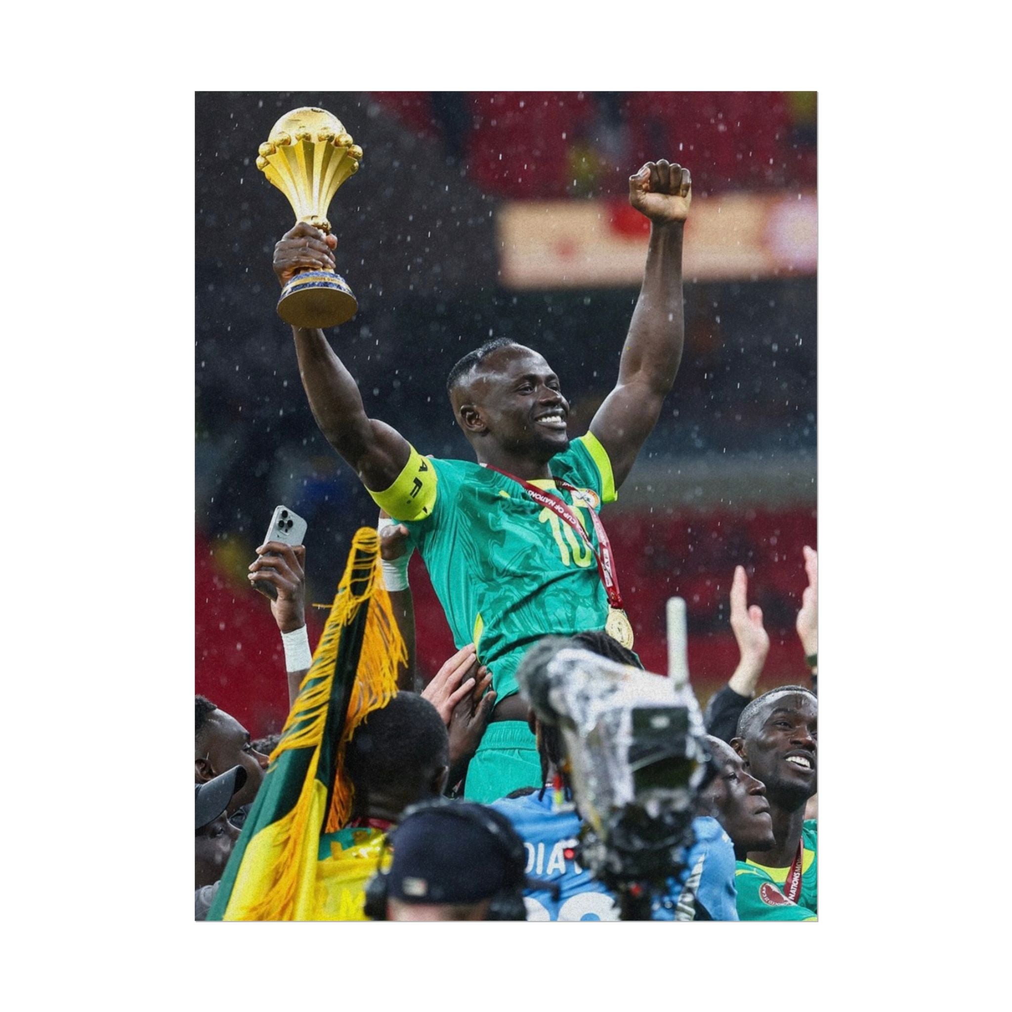 Sadio Mané Senegal AFCON winners Rolled Poster — Soccer Champion Lifting Trophy Celebration Print